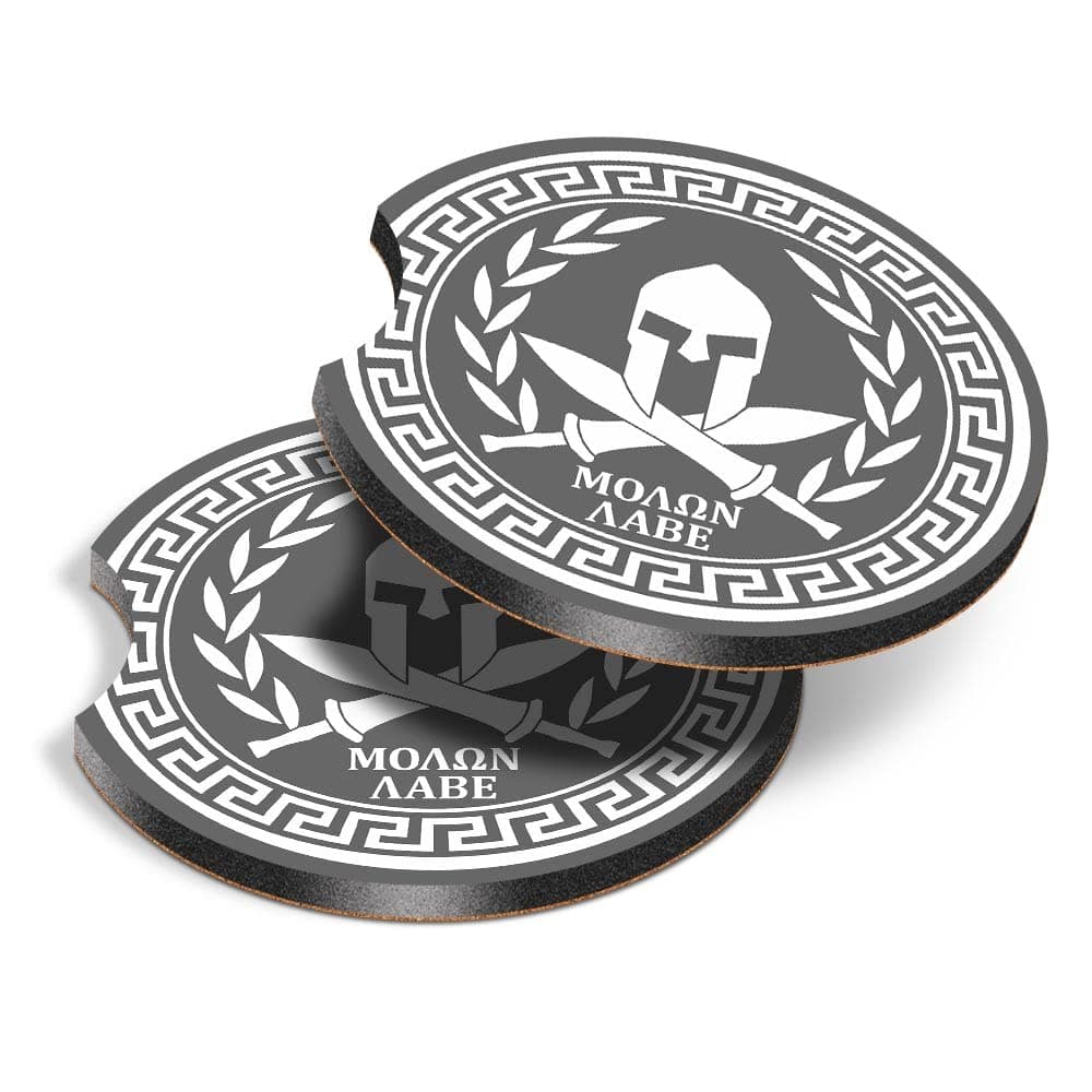 DV DESIGN 2 x Eco Car Coasters Cup Holder Style Cork MDF - BW - Greek Spartan Shield Greece Acropolis Drink Cup Mug Glass Table Protection Mat #40086