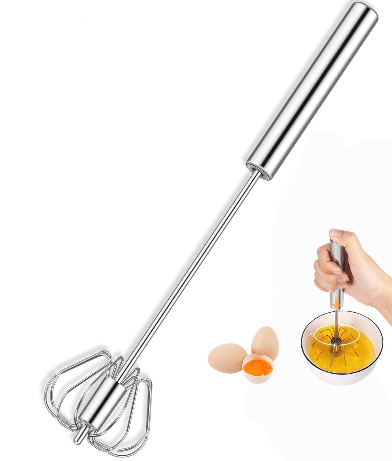Duomama Stainless Steel Hand Push Whisk - Semi-Automatic Egg Beater for Blending, Whisking, Beating, and Stirring - 11.93 Inch Silver Mixer - Ideal for Home Use - 1PCS