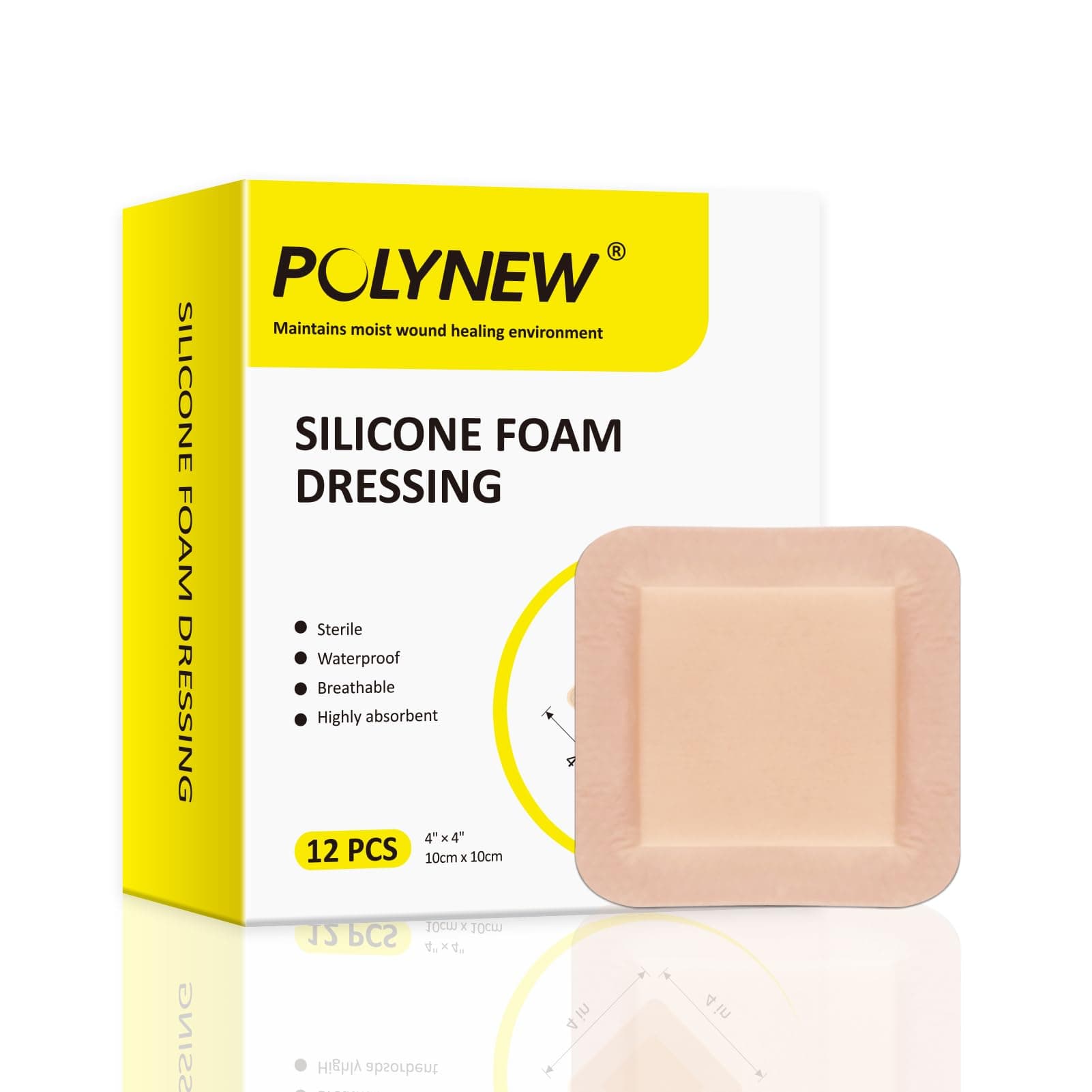 Silicone Foam Dressing with Border, 4"x4"-12Pcs/Box Adhesive Waterproof High Absorbency Bed Sore Wound Dressing Bandage, Breathable Foam Dressing for Wound Care