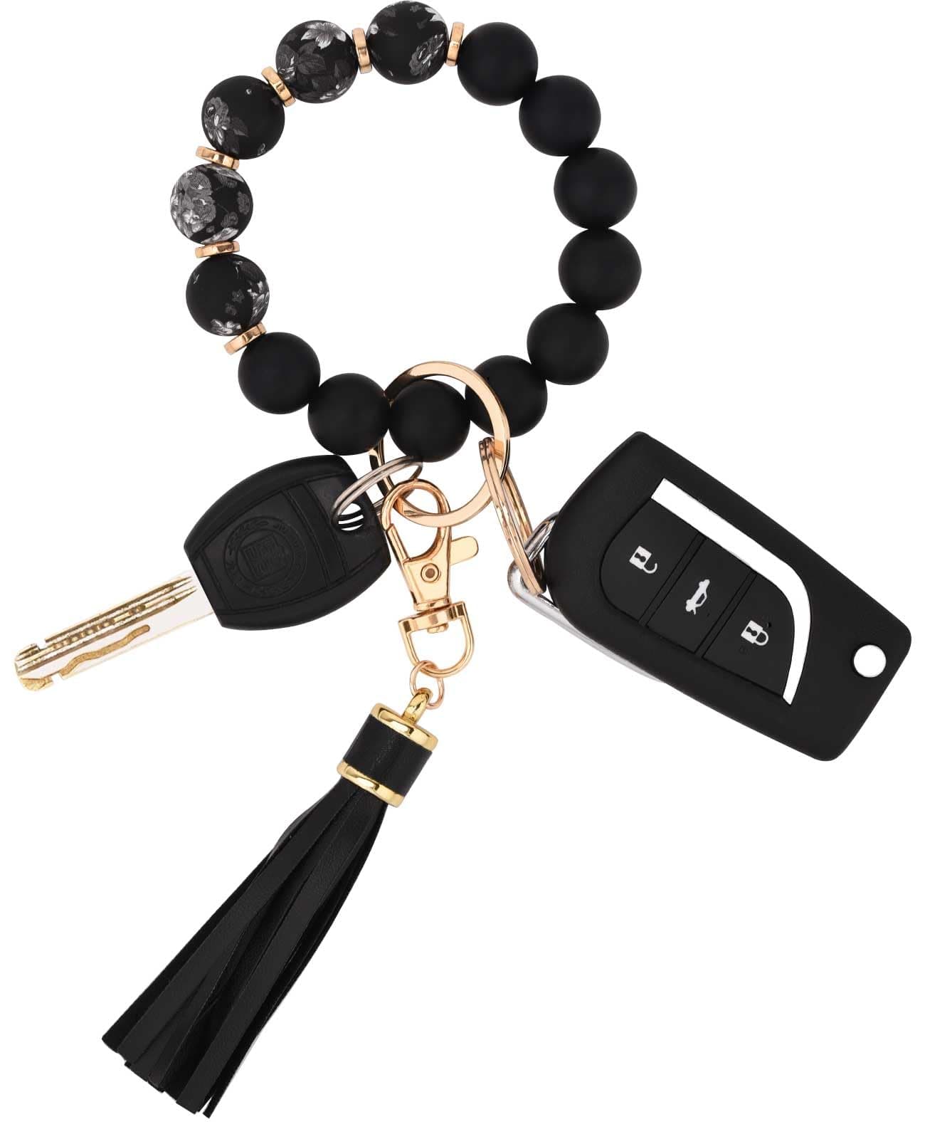 BAOSIWA Silicone Beaded Bracelet Keychain Wristlet Key Ring Bangle Chains for Women with Leather Tassel