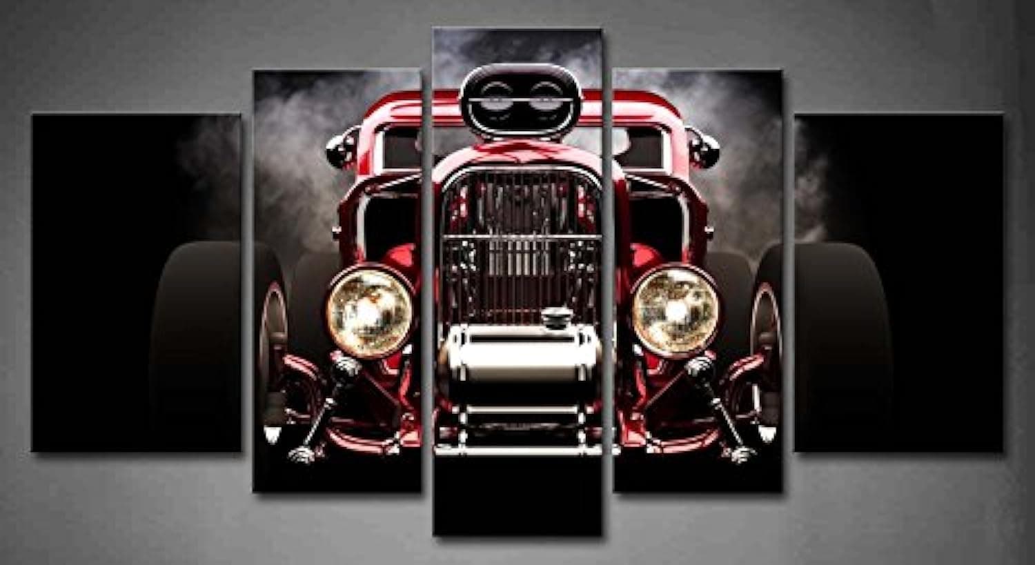 – 5 Panel Wall Art Hot Rod With Smoke Background On Black Painting The Picture Print On Canvas Car Pictures For Home Decor Decoration Gift Piece Stretched By Wooden Frame Ready To Hang