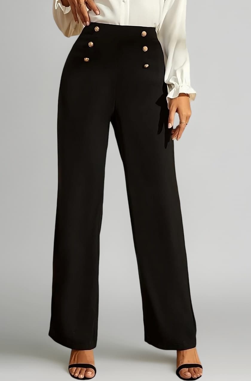 POPWINGS Women Casual Solid Bootcut Button Trousers