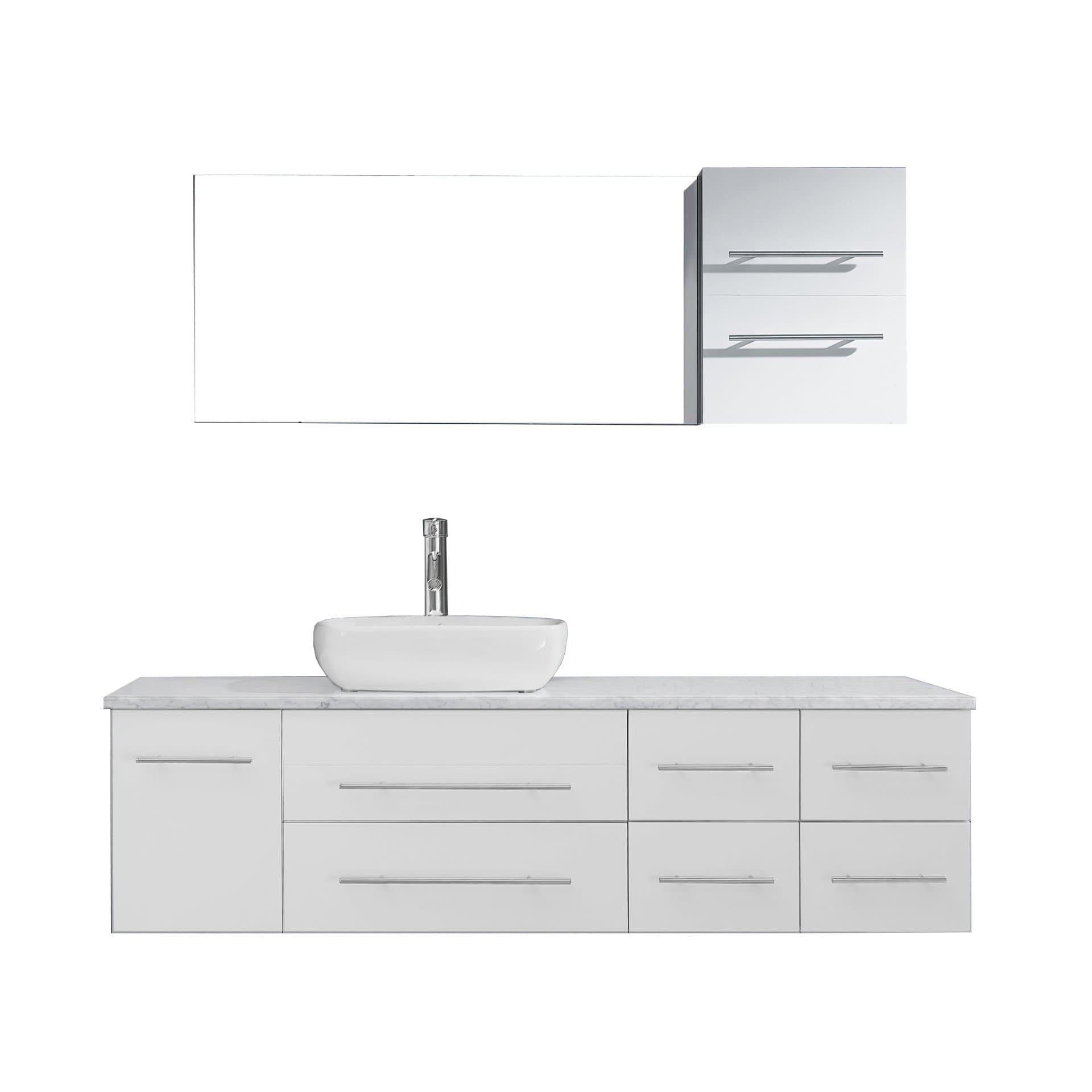 Justine 59 inch Single Sink Bathroom Vanity Set in White w/Square Vessel Sink, Italian Carrara White Marble Countertop, Single Hole Polished Chrome, 1 Mirror - UM-3050-WM-WH