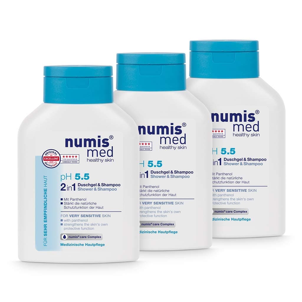 numis med 2-in-1 Shower Gel & Shampoo pH 5.5 - Skin Soothing Shower Gel & Hair Shampoo for Very Sensitive & Sensitive Skin - Vegan Skin Care without Silicone, Parabens & Mineral Oil (3 x 200 ml)
