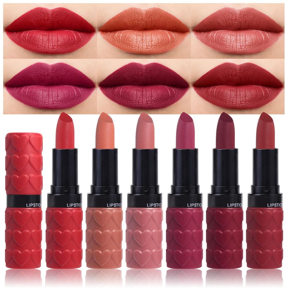 evpct 6Pcs Velvet Matte Lipstick Sets for Women, Ruby red Nude pink Dusty rose Plum purple Wine red Dark Red Lipstick Waterproof Lip Stick Stain Makeup Gift Sets labiales mate 24 horas originales C