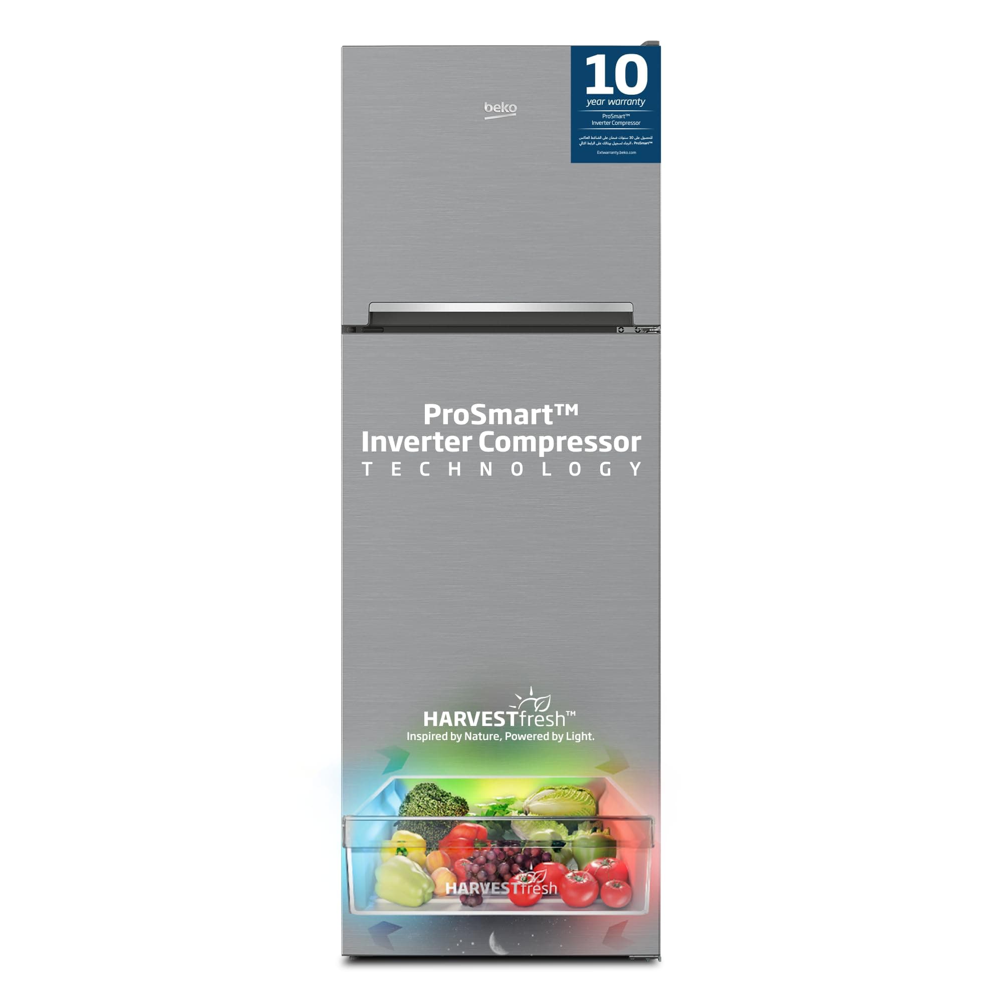 Beko Refrigerator 350 Liters Gross(314 Net), Top Mount Double Door, Silver colour, NeoFrost Dual Cooling, low noise,Harvest fresh, 10 yrs Warranty on ProSmart Inverter Compressor, RDNE350K30XBN