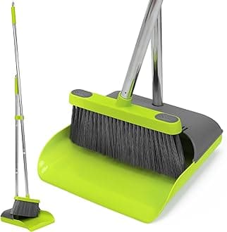 Broom and Standing Dustpan Set 50” Angle Broom with Long Handle Dust Pans for Kitchen Classroom Office Floor Sweeping-Green