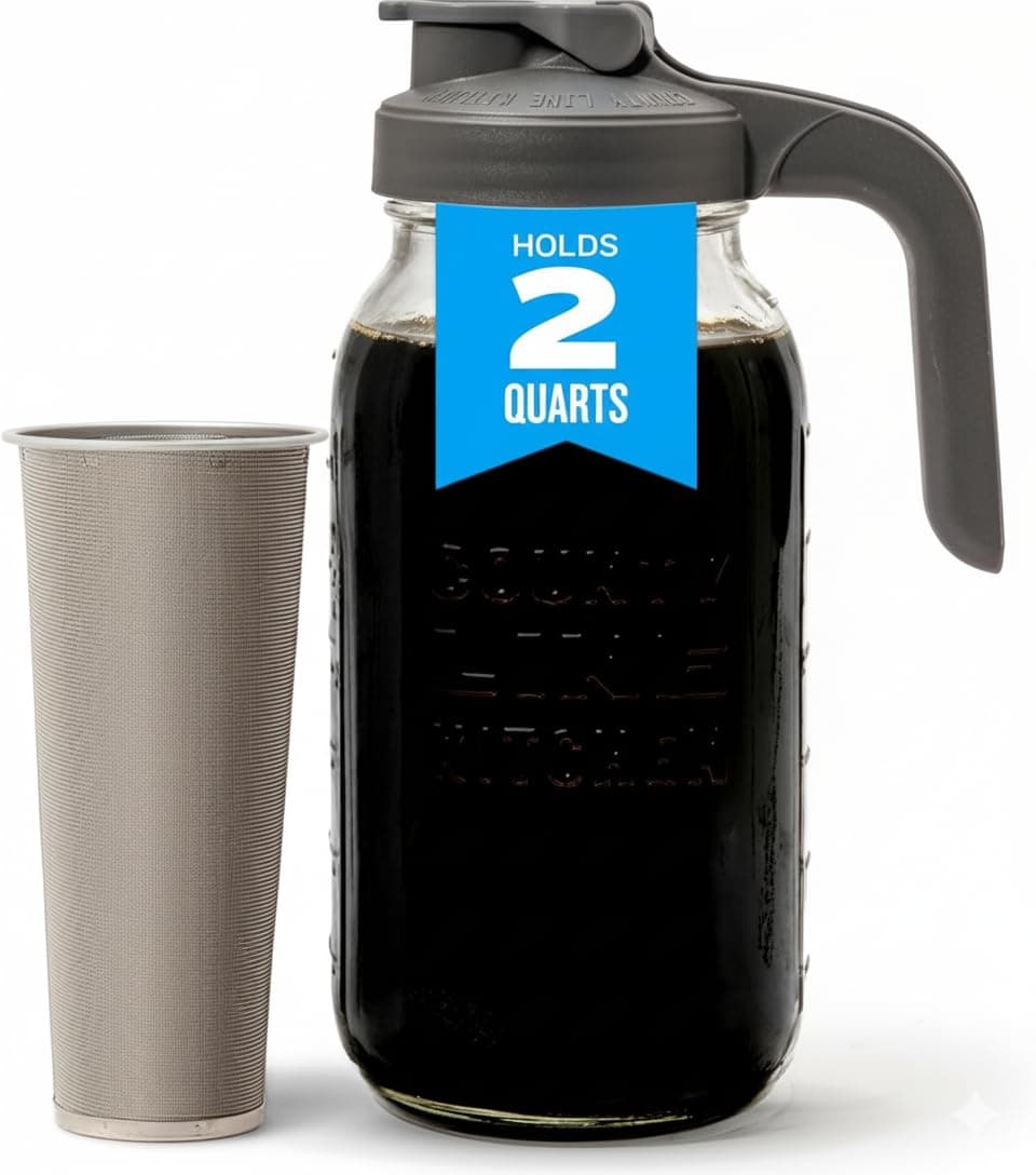 - Glass Cold Brew Coffee Maker with Lid - Wide Mouth, 2 Quart (64 oz) - Heavy Duty, Leak Proof - Sun & Iced Tea Pitcher, Cold Brew Coffee, Breast Milk Storage, Water - Gray