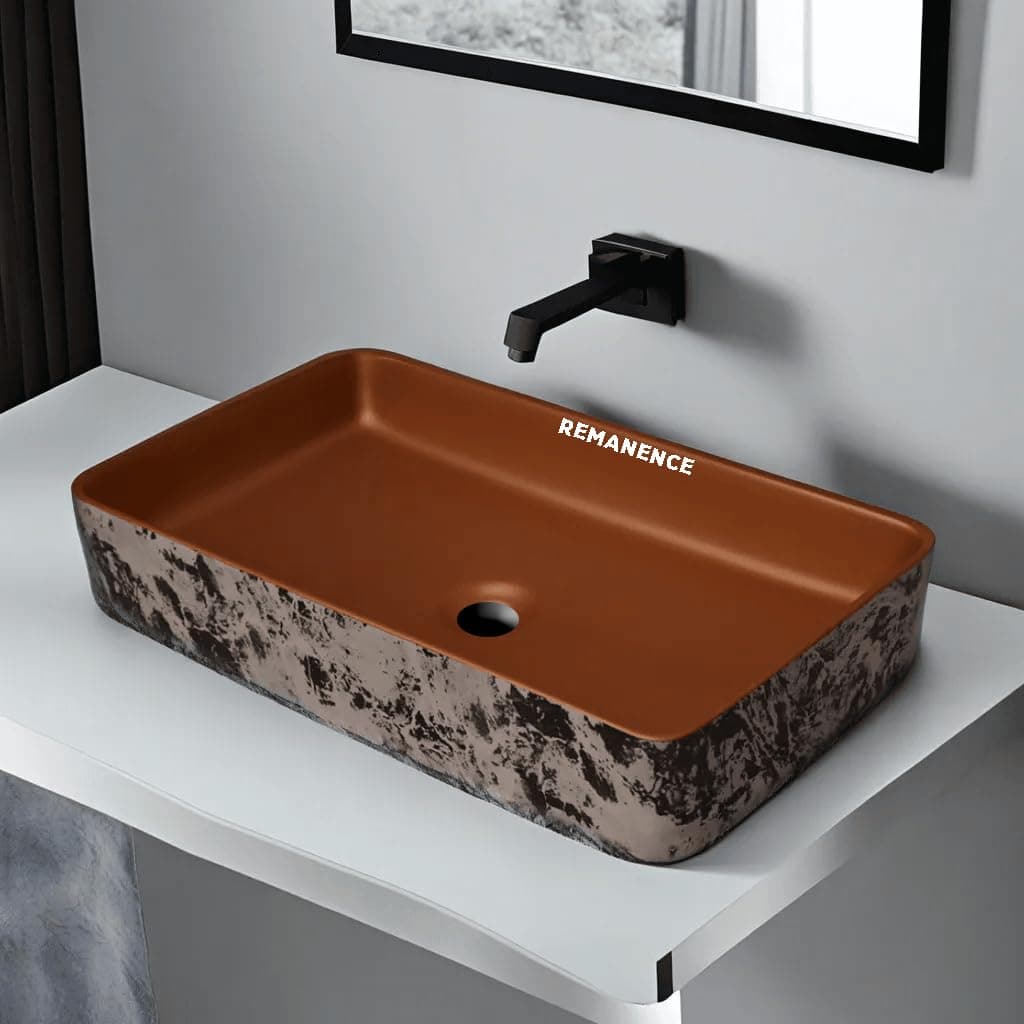 REMANENCE Designer Table Top Wash Basin For Bathroom | Ceramic Bathroom Sink | Wash Basin Over Counter Bathroom Basin (24 x 14 x 4 Inch) (Brown N White Black SL 51)