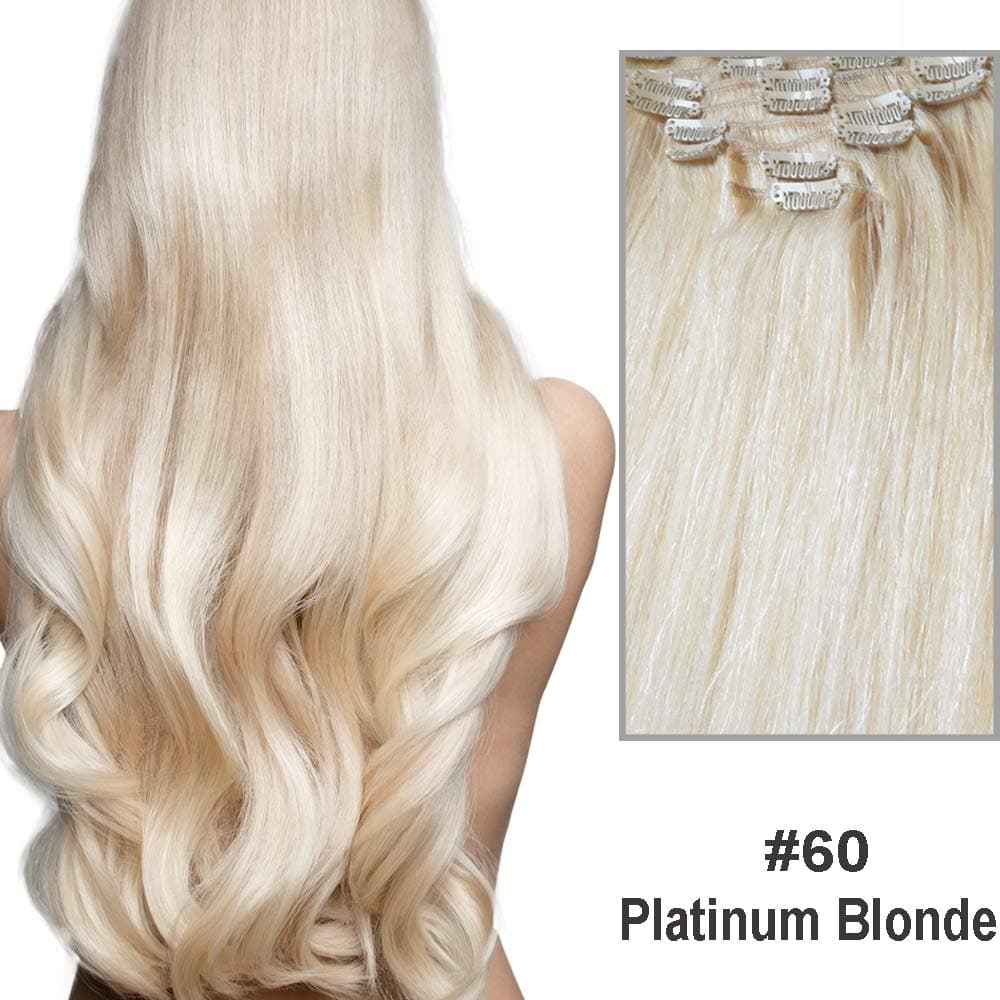 16" 18" 20" 22" 24" 26" Full Head Clip in Remy Human Hair Extensions-8 Pieces-Grade AAA-Multi colors (16", 60 Platinum Blonde)