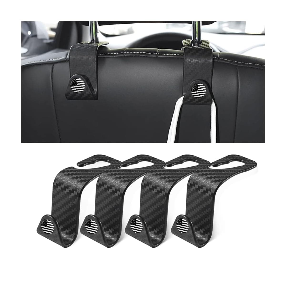 4PCS Car Seat Headrest Hooks, Auto Back Seat Hanger Holder, Durable Stylish Vehicle Organizer Universal Car Accessories, Storage Hooks for Purses, Bags, Clothes, Coats (Carbon Fiber/Black Flag)