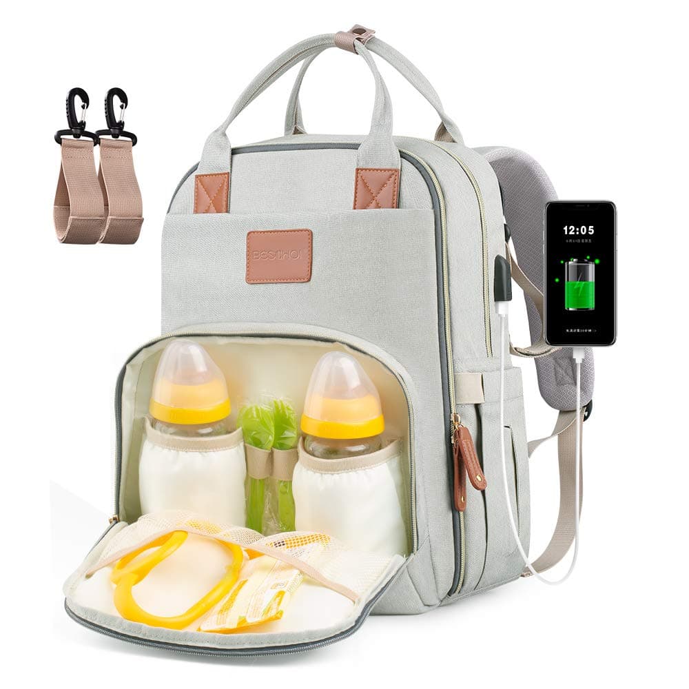Beschoi Baby Changing Bag Backpack, Nappy Backpack Diaper Rucksack with USB Port, Tissue Pocket, Insulated Pockets for Milk Bottle, Stroller Straps and Bottle Pockets for Mom, Dad, Men, Women