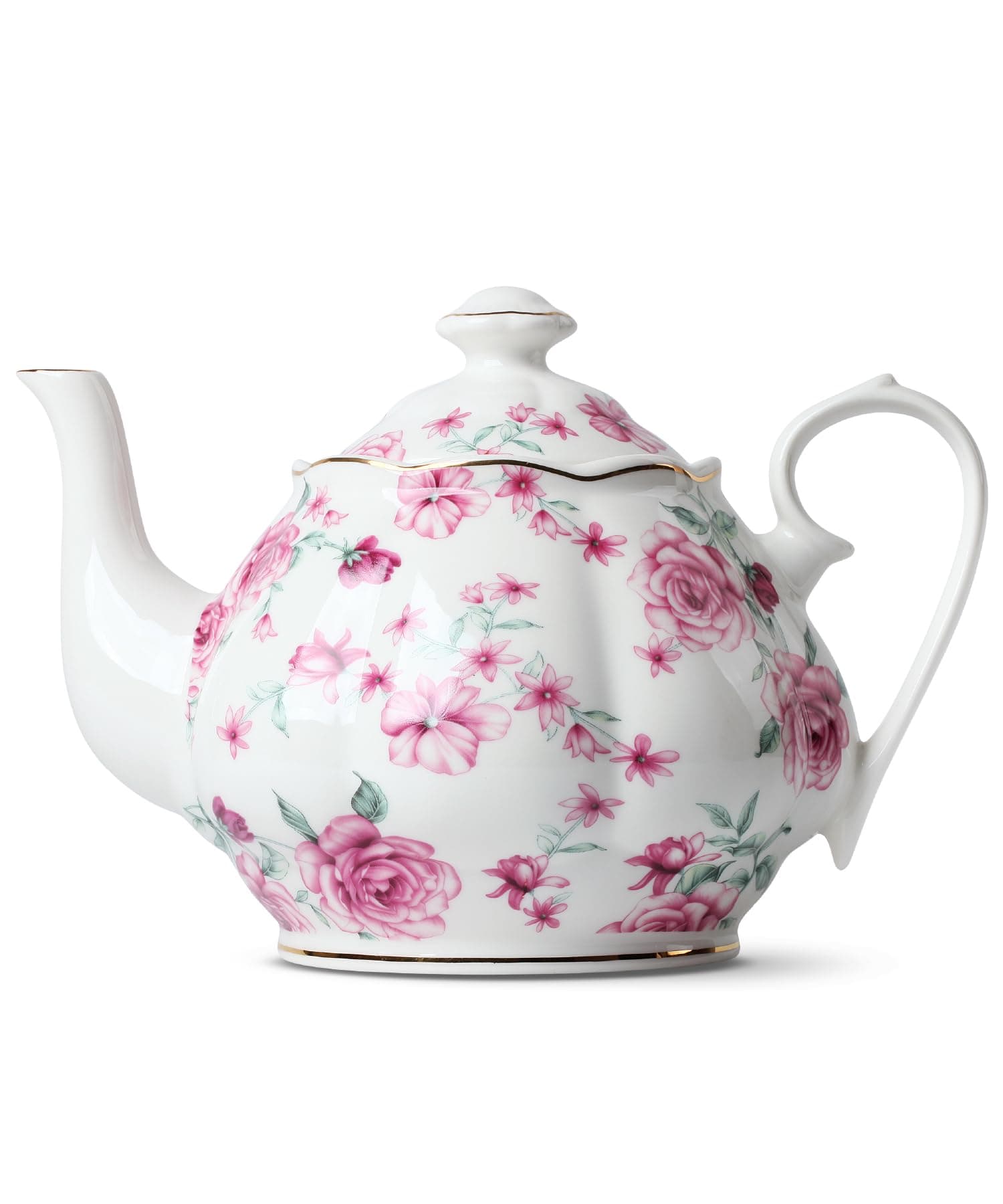 BTaT- Floral Tea Pot with Gift Box, 38 oz, White with Pink Roses & Gold Trim, Porcelain Teapot Ceramic, Dishwasher Safe
