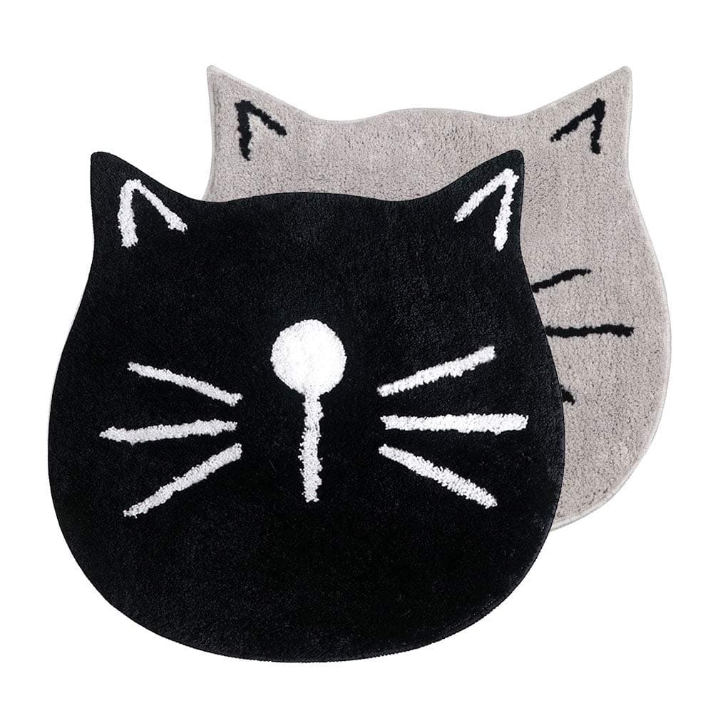 GoMaihe Cat Shape Non Slip Bath Mat 60 x 60 cm Set of 2, Machine-Washable Anti Mould Soft Doormats Bathroom Floor Fluffy Rug Mats, Polyester Baby Kids Shower Mat for Kitchen Toilet, Black and Grey