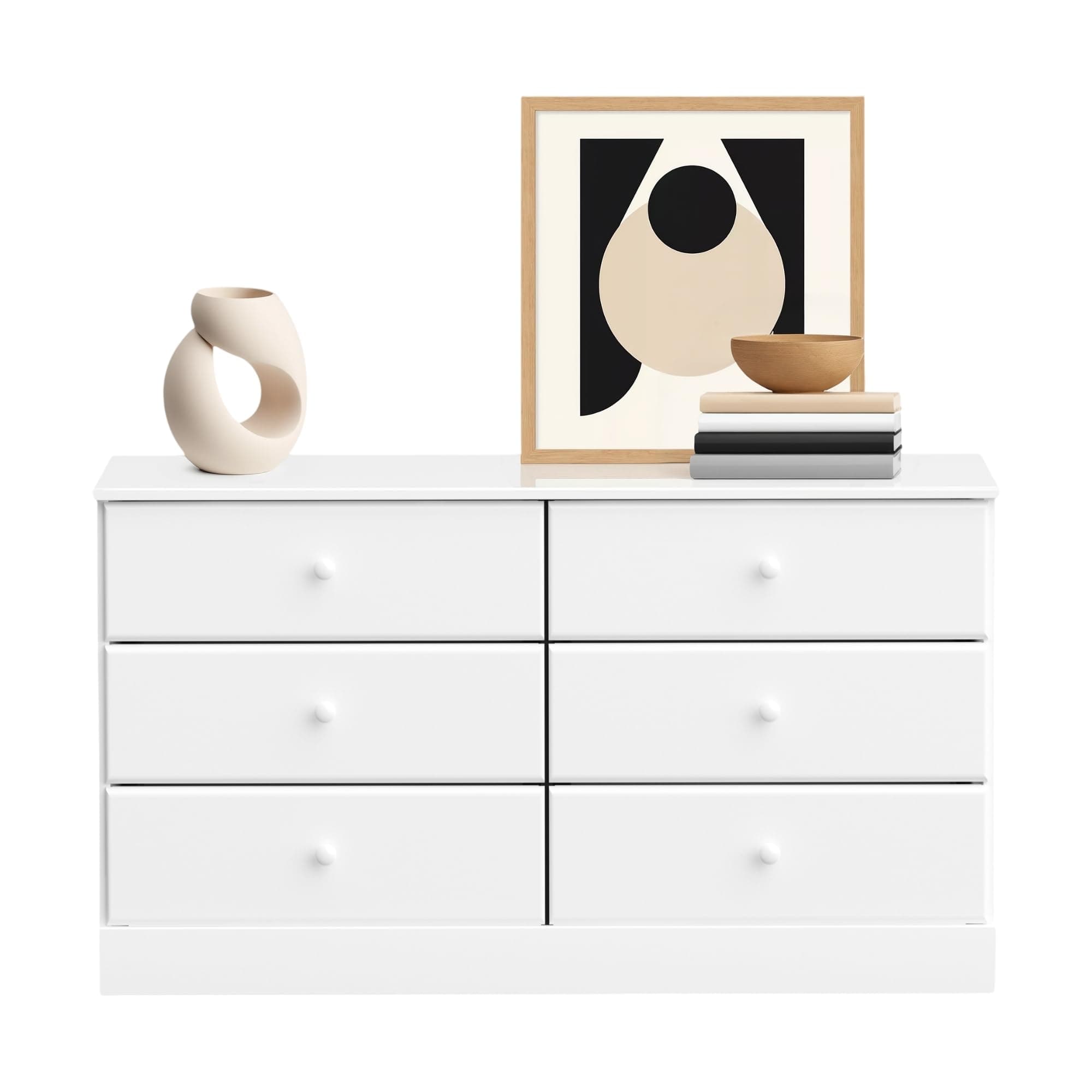 Astrid 6 Drawer Double Dresser for Bedroom, Wide Chest of Drawers, Bedroom Furniture, Clothes Storage and Organizer, 15.5" D x 47.5" W x 26.85" H, White