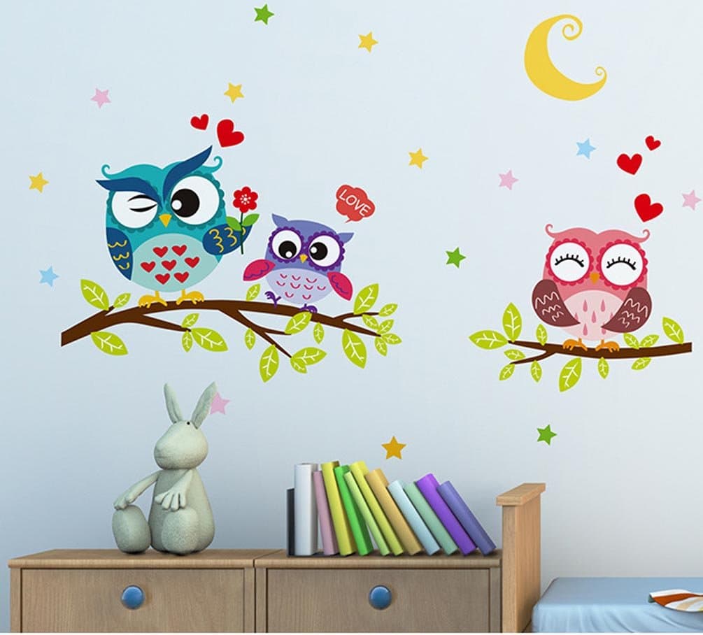 BIBITIME Easter Mother's Day Night Moon Star Sky Wall Sticker Love Family Owls on The Tree Branch Wall Decal for Nursery Bedroom Kids Room Decor,25.19" x 16.92"