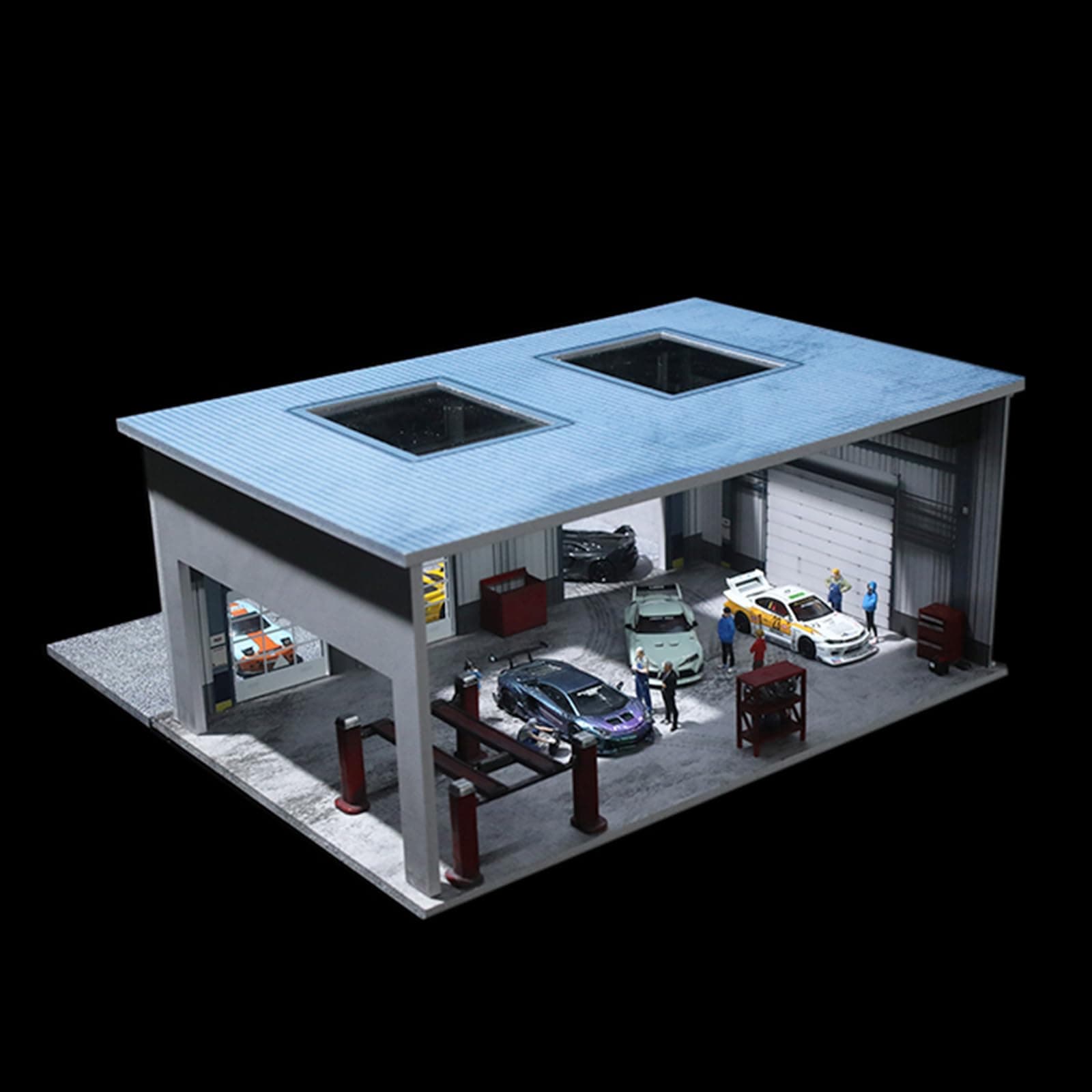 1/64 Diorama Display Case Garage with LED Lights - Compatible with Hot Wheels Matchbox Mini GT Diecast Cars, for 1:64 Model Car Display and Show Off (Factory)