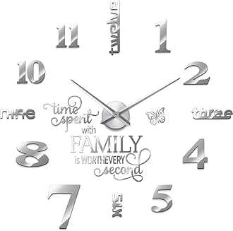 Junkin 3D Large Frameless DIY Wall Clock Modern Decor Family Quote Wall Stickers Clock Kit for Home Living Room Bedroom Office Decorations Adjustable Size(Silver)