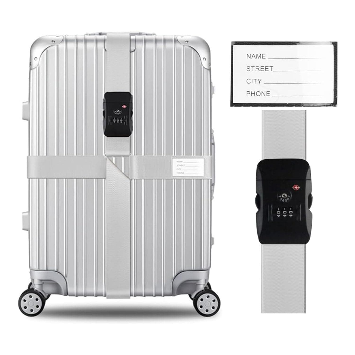 Cross Luggage Straps Set TSA Approved with Lock Adjustable Travel Suitcase Belts Suitcase Tags with Name ID Card Packing Straps for Suitcases Strap Travel Accessories (Gray*1)