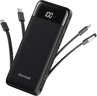 Charmast Power Bank with Built in Cables X 4, 10000mAh USB C Battery pack 6 Outputs 3 Inputs with LED Display Type C Powerbank Portable Charger Compatible with Smartphones Tablets and More