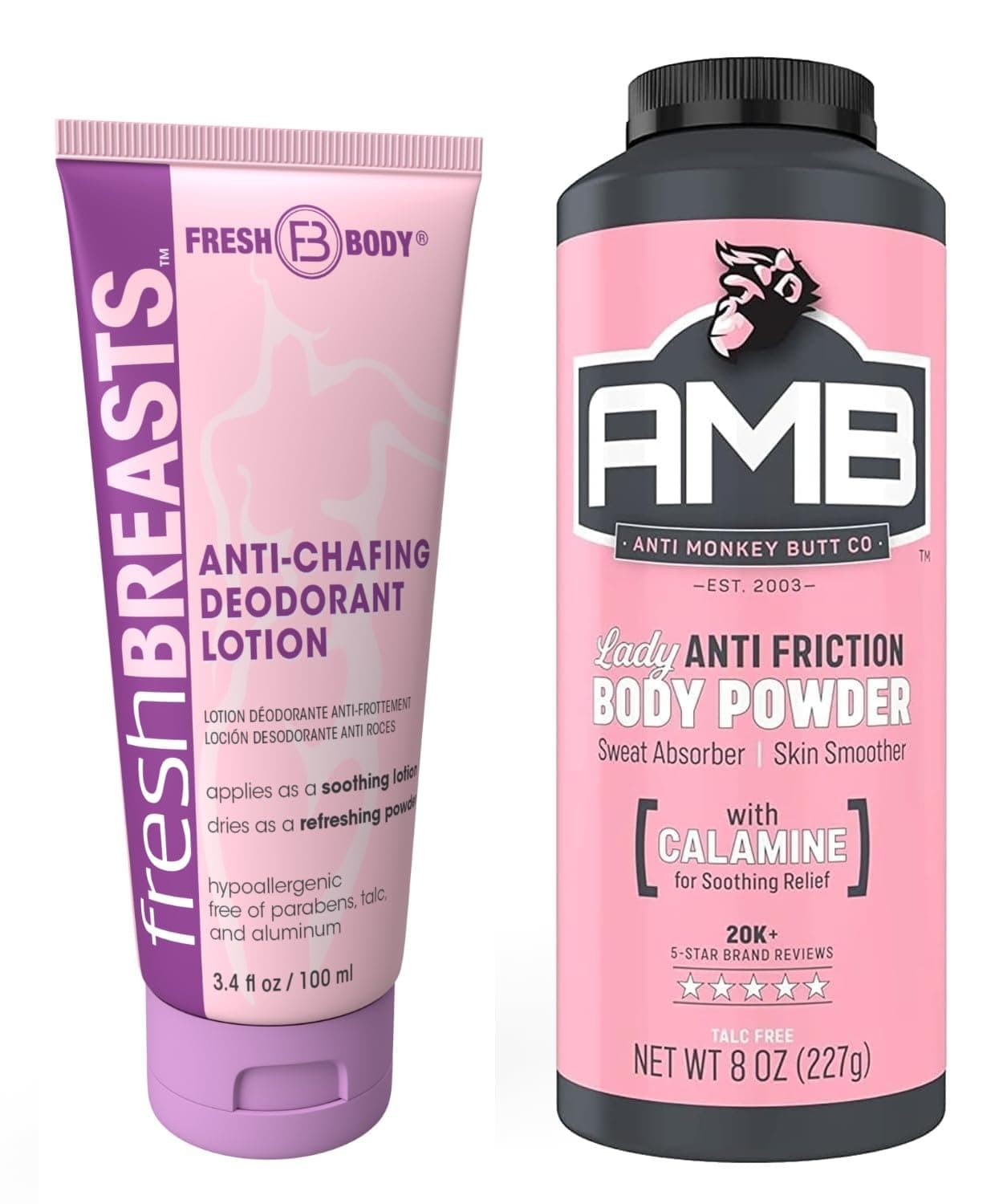 Ladies No Sweat Bundle: Fresh BREASTS Lotion, 3.4oz - The Solution for Women and Lady Anti-Monkey Butt Body Powder, 8oz