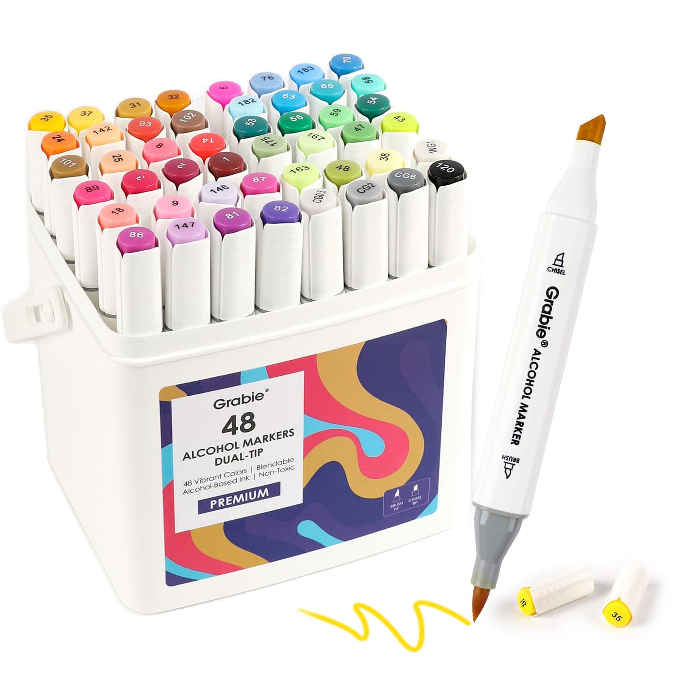 Grabie 48 Alcohol-Based Dual-Tip Art Markers with Case and Coloring Book, Chisel & Fine Tips for Adults Coloring, Illustration