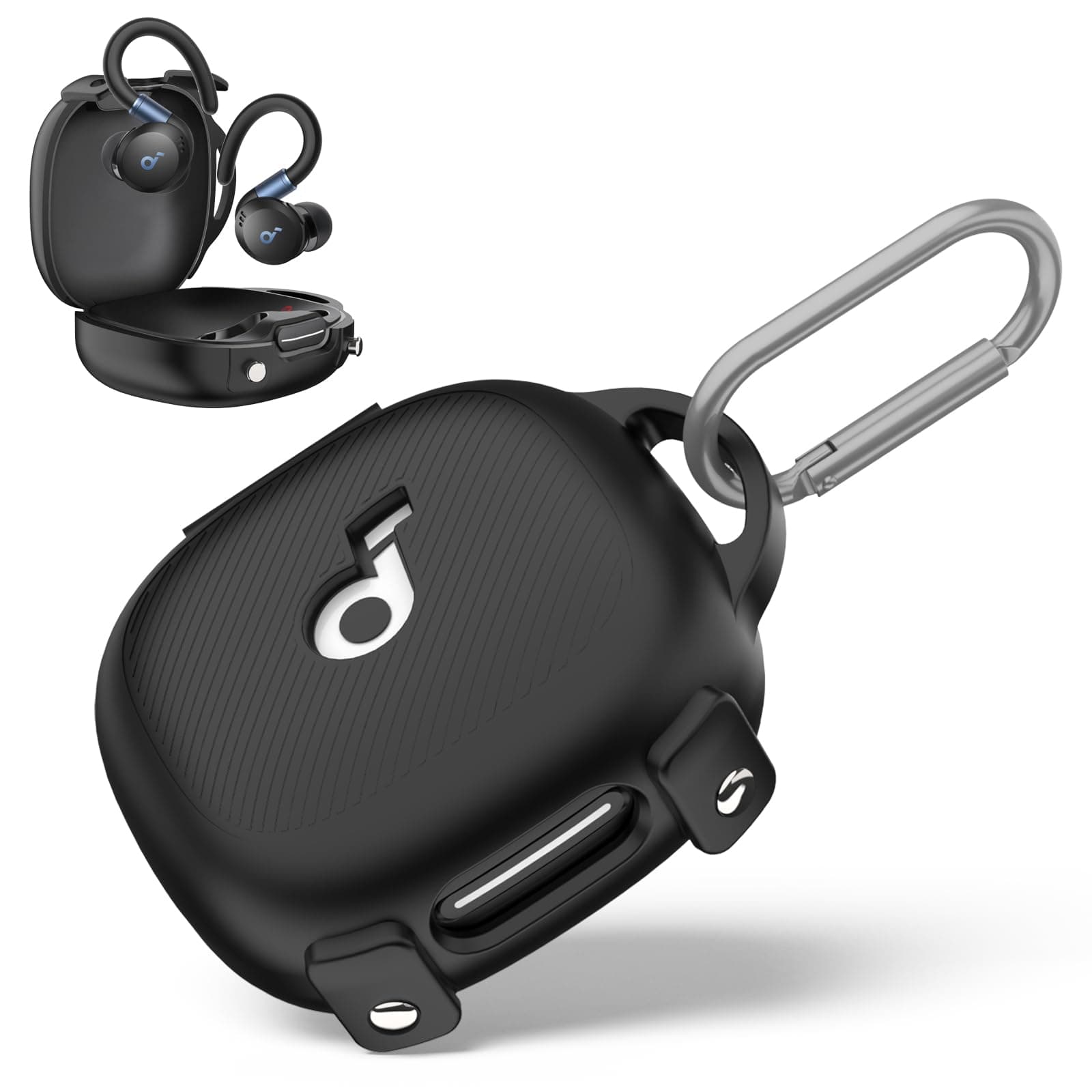 for[Newest Secure Lock] Soundcore Sport X20 Case Cover, Soft Silicone Protective Scratch Resistant Logo Visible Design Cover for Soundcore Sport X20 by Anker Charging Case with Carabiner-Black