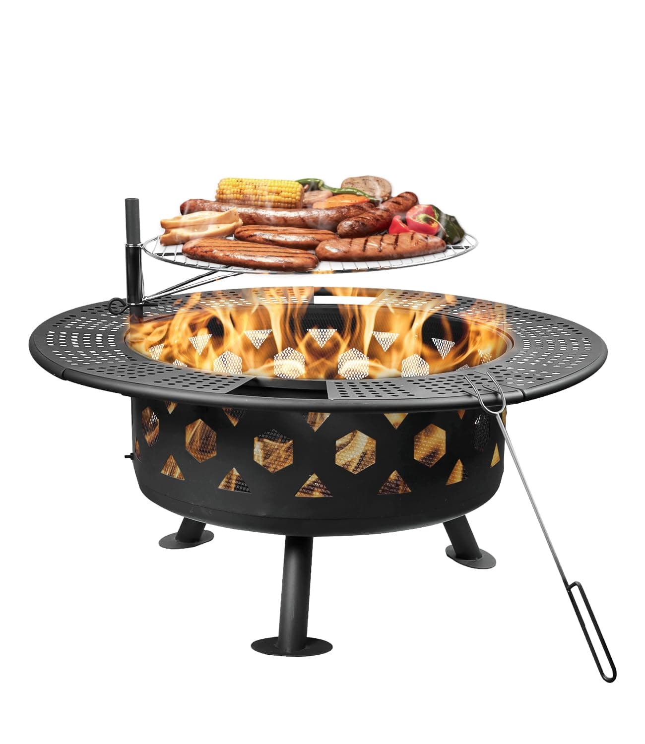 Bettermade 32 Inch Outdoor Fire Pit, 2-in-One Large Camping Fire Pits for Outside with Cooking Grill and Fire Poker, Wood Burning Firepit for BBQ,Warm up, Patio, Bonfire, Camping, Picnic.
