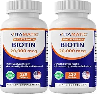 Vitamatic High Potency Biotin 20000 mcg (20mg) with Keratin 100mg - 120 Tablets - Biotin Supplements for Healthy Hair Skin & Nails for Adults (120 Count (Pack of 2))