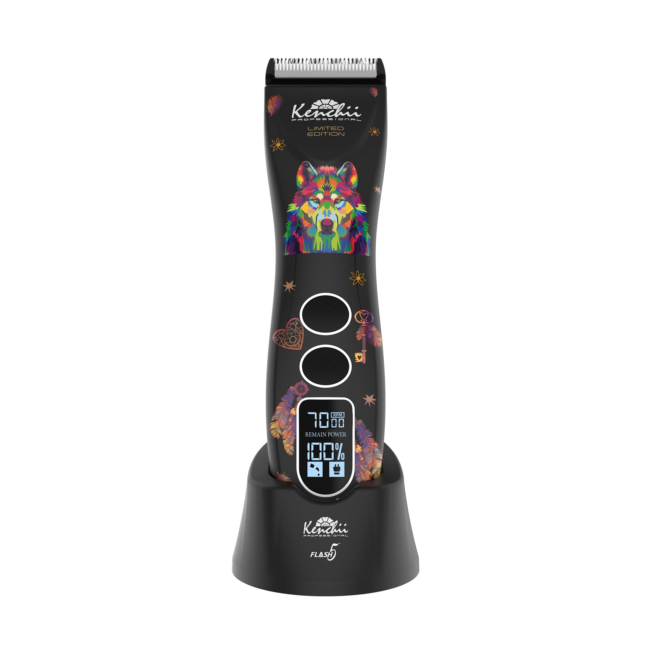 Kenchii Flash 5 Wolf Limited Edition - 5-in-1 Digital Cordless Clipper - Precision Pet Grooming: Trim, Shape, and Style Effortlessly USB-C Charging (Black)