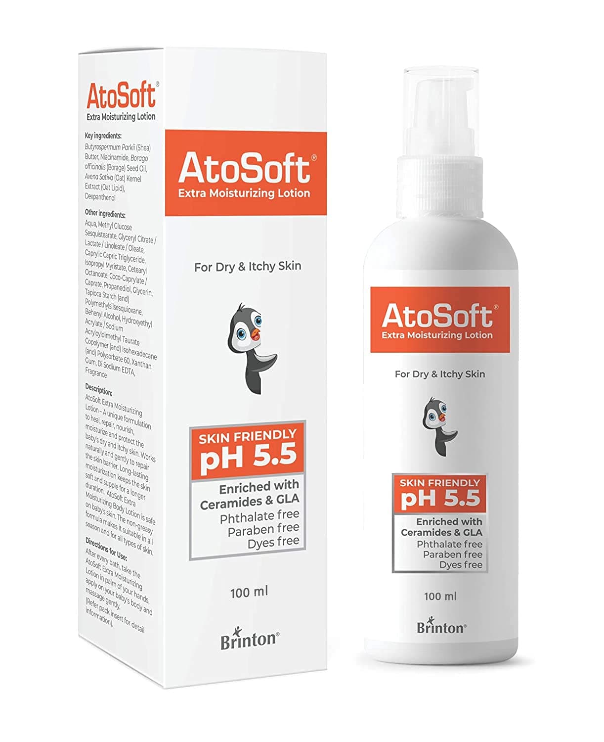 Brinton Atosoft Extra Moisturizing Baby Lotion for Sensitive Skin pH 5.5 | Soothes Dry & Itchy Skin | Enriched with Ceramides & GLA | Paraben & Dye-Free | Gentle, Hydrating Formula | 100 ml