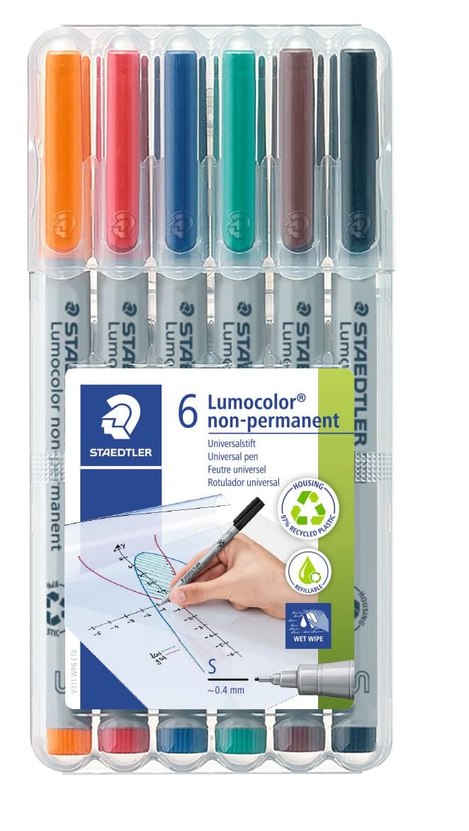 Staedtler Lumograph Non-Permanent Wet Erase Marker Pen, Extra Fine Tip, Low Odor Colored Markers, 6-Pack Assorted Colors, 311-WP6