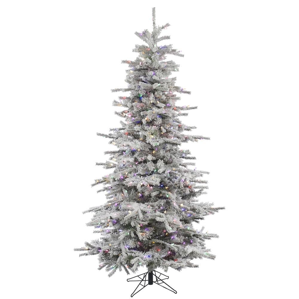 Vickerman 7.5' Flocked Sierra Fir Slim Artificial Christmas Tree, Multi-Colored LED Dura-Lit Lights - Snow Covered Faux Tree - Seasonal Indoor Home Decor