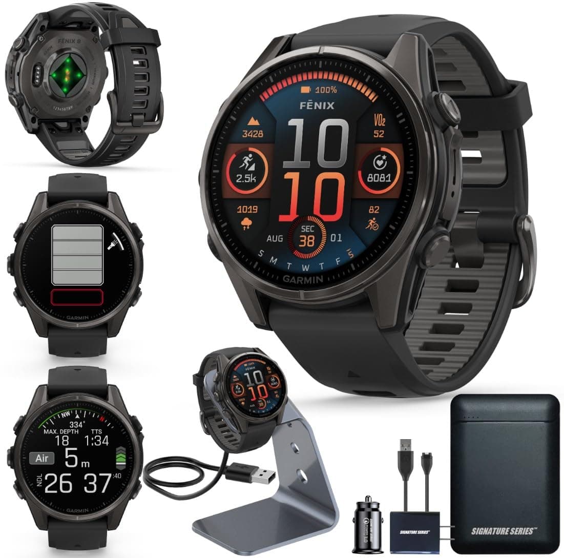 - Garmin Fenix 8 Premium Multisport GPS Running Smartwatch, 43 mm | AMOLED, Dive-Rated, Built-in Flashlight | Carbon Gray DLC Titanium with Pebble Gray Band with Signature Series Charging Stand