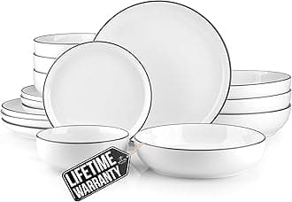 Zulay Kitchen Nova Porcelain Dinnerware Set, Service For 4 - Chip & Scratch Resistant White Plates And Bowls Sets - Microwave & Dishwasher Safe - White With Black Rim