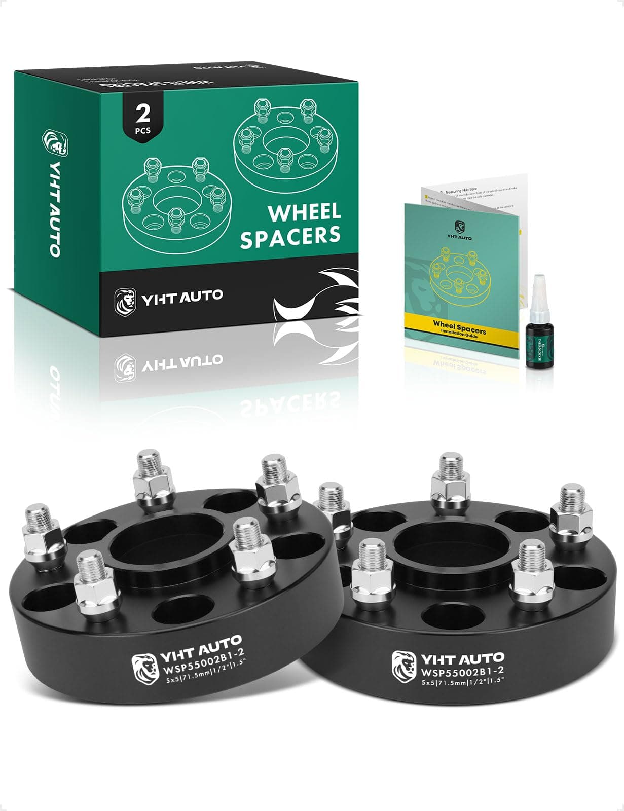 YHTAUTO 5x5 Hub Centric Wheel Spacers 1.5 Inch Fits 1999-2018 Jeep Grand Cherokee Wrangler Commander, 5x127mm Tire Spacers w/ 1/2"-20 & 12.9 Grade Studs, 71.5mm Hub Bore 5 Lug 2PCS Black