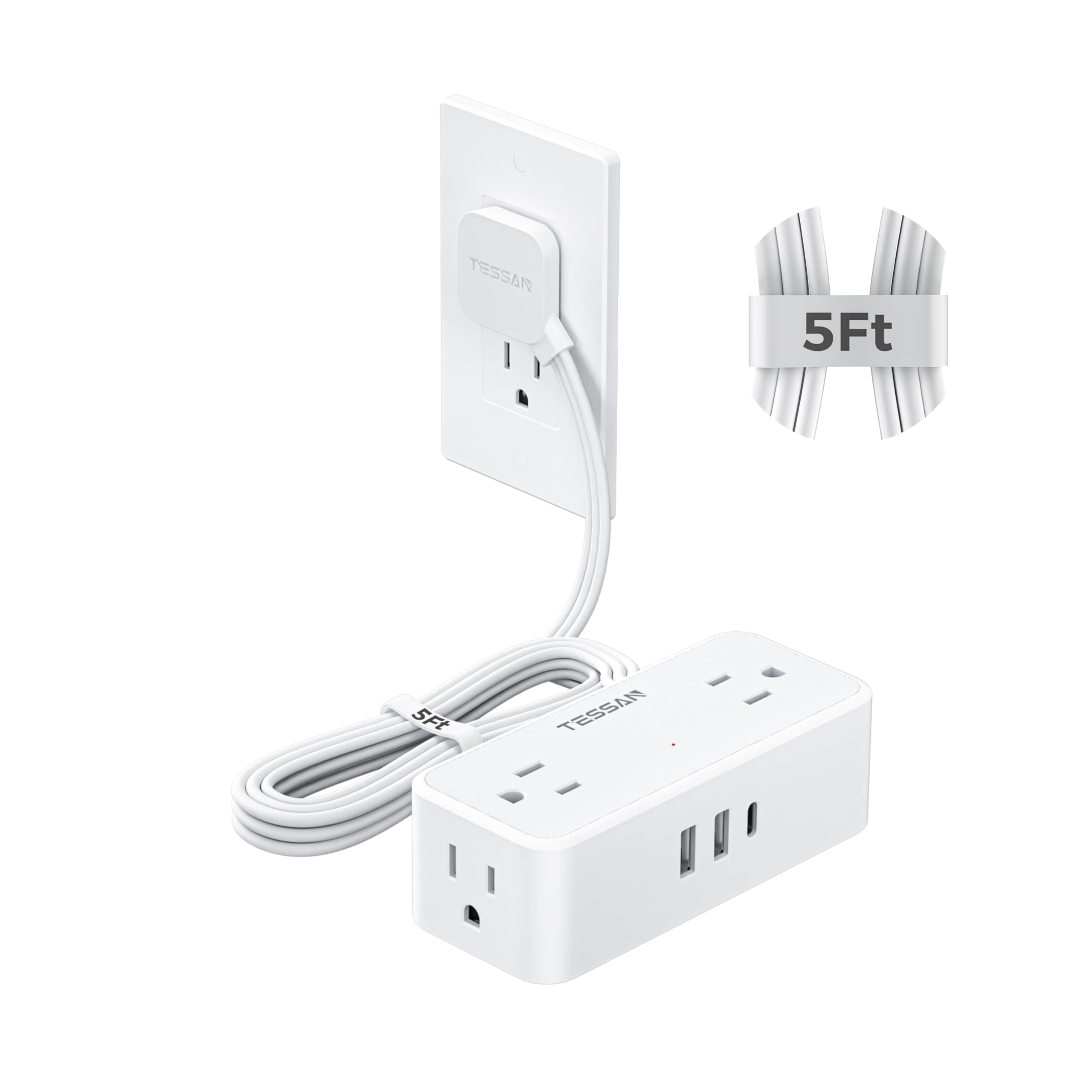 TESSAN 5 FT White Extension Cord, 900J Surge Protector Small Power Strip with 3 USB Ports (1 USB C), Flat Plug Power Strip, Mini Charging Station Suitable for Home Office Dorm