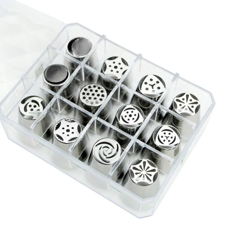 Russian Piping Tips By VISUON – Large Icing Nozzles For Cake, Cupcake, Tart & Cookie Decoration – Wide Variety Of Flowery Designs – Practical Storage Box – Set Of 12