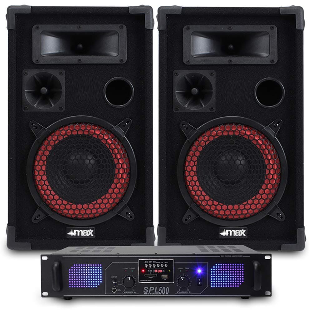 Max 8" Passive DJ Speaker Set with 500W Amplifier & Speaker Cable - Professional Home Disco, Party & PA Sound System Package (Pair, Red Cone Design)
