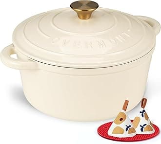Overmont 24cm/4.2L Enamelled Cast Iron Round Casserole Pot With Lid Cookbook & Cotton Potholders - Non-stick Dutch Oven Cookware for Braising, Stews, Roasting, Bread Baking - Cream white, 4.5QT