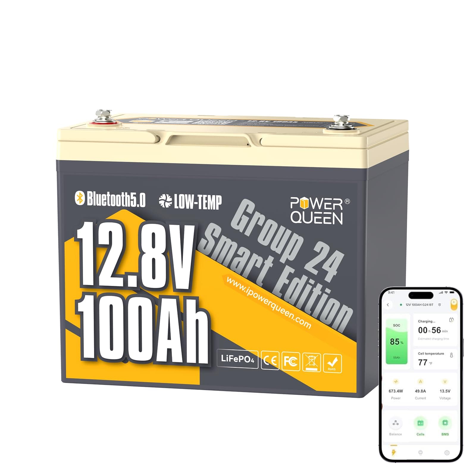 Power Queen LiFePO4 Battery 12V 100Ah, Bluetooth 12Volt RV Lithium Battery with Low-Temp Protection, Group 24 Deep Cycle Battery, Up to 15000 Cycles for Motorhome, Trailer, Camper Van, Marine, Solar