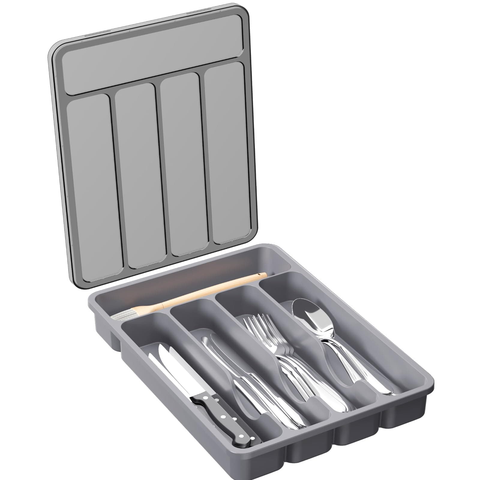 Lifewit Silverware Organizer with Lid, Covered Utensil Tray for Kitchen Drawer and Countertop, Plastic Cutlery and Flatware Storage Box for Spoons Forks Knives Holder Case, 23 x 32 cm, Gray