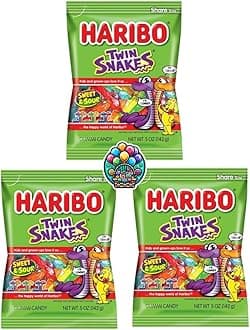 Twin Snakes Gummi Candy - 5oz. (Pack of 3) Share Size Peg Bags Sour flavors in every piece in a NikAn Supplies Bag