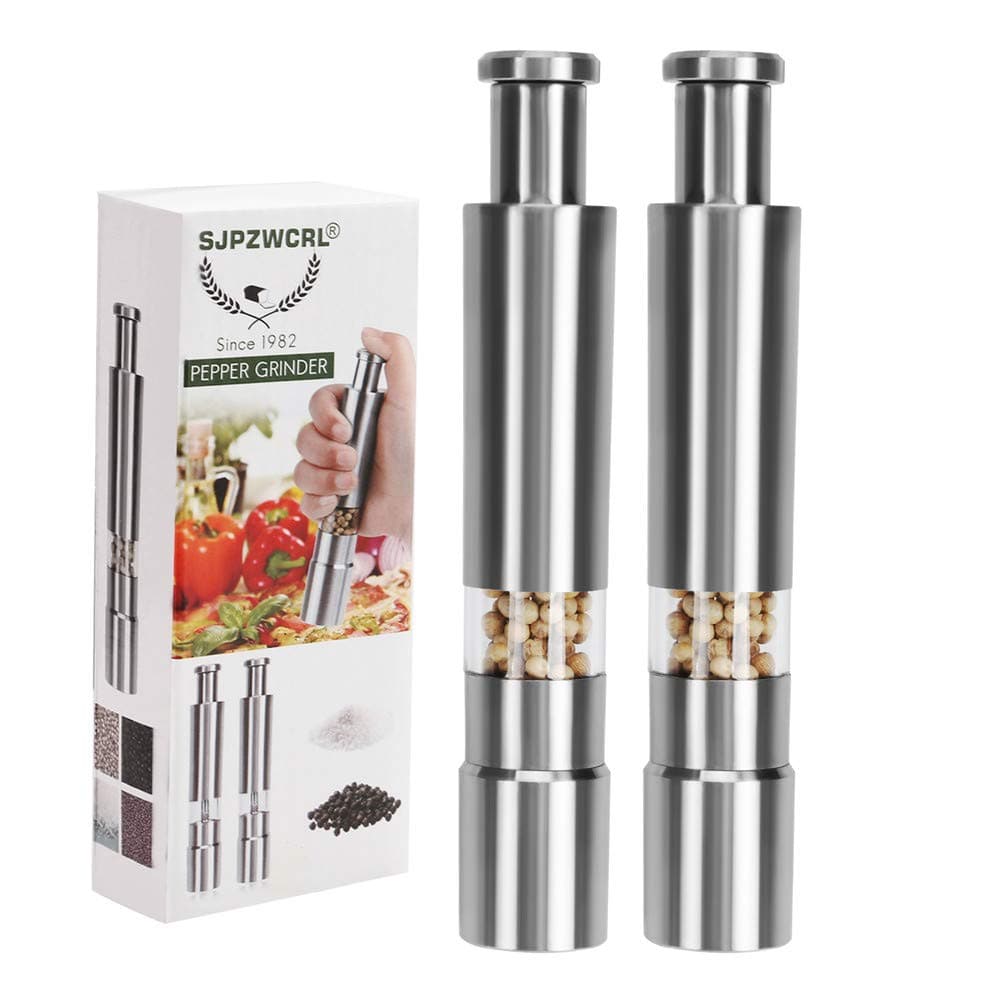 Pepper Grinder, Stainless Steel Pepper Mill Durable Salt Grinder One Hand Operation Salt Pepper Mill 2 Pack