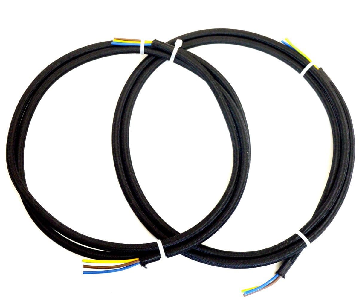 (Pack of 2) 2 x 4 feet 3 conductor Black Round Rayon Cloth Covered 3-Wire Electric Cord Lamp Cord Fabric Wire Hanging Pendant Light Fixtures Great for Industrial Vintage Retro DIY Projects