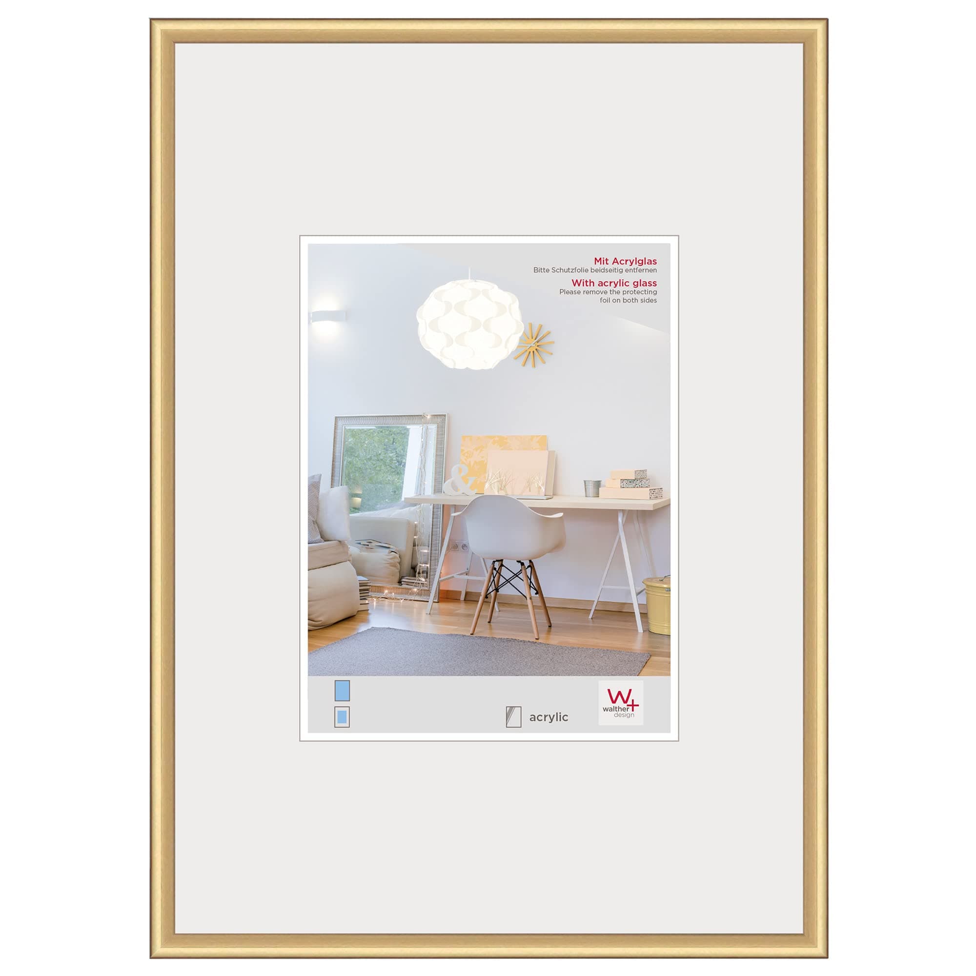 walther design Picture Frame Gold 60 x 80 cm with Art Glass, New Lifestyle Plastic Frame KVX080G