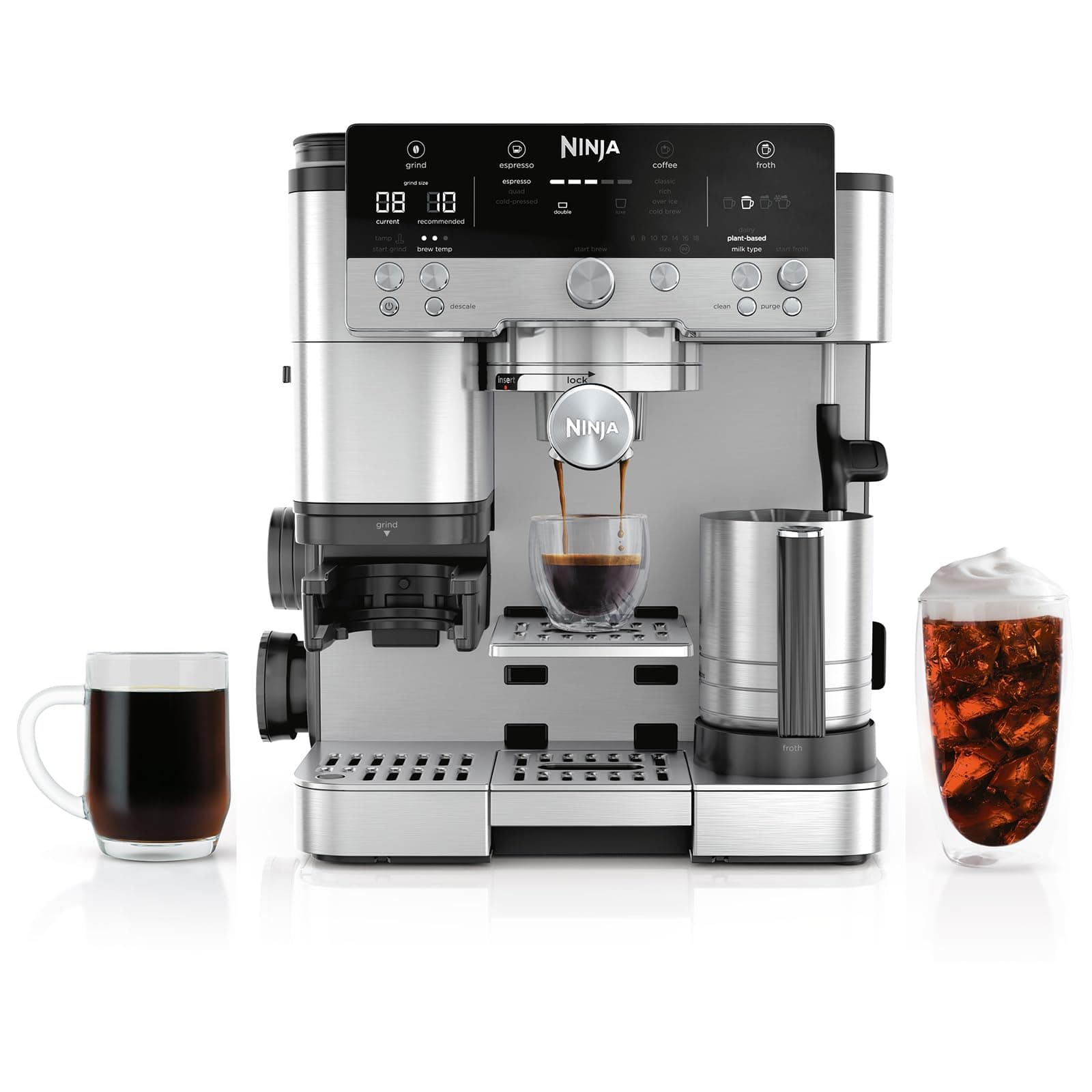 Ninja Luxe Café Premier 3-in-1 Espresso Machine, Drip Coffee, & Rapid Cold Brew | Built-in Coffee Grinder, Hands-Free Milk Frother, Assisted Tamper for Cappuccinos & Lattes | Stainless Steel | ES601