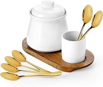 Nucookery Porcelain Sugar Bowl with Lid and Spoons, 14 oz. Large Sugar Container for Coffee Bar, Deluxe Sugar Bowl Set with Stainless Steel Spoons (White, Golden Spoon)