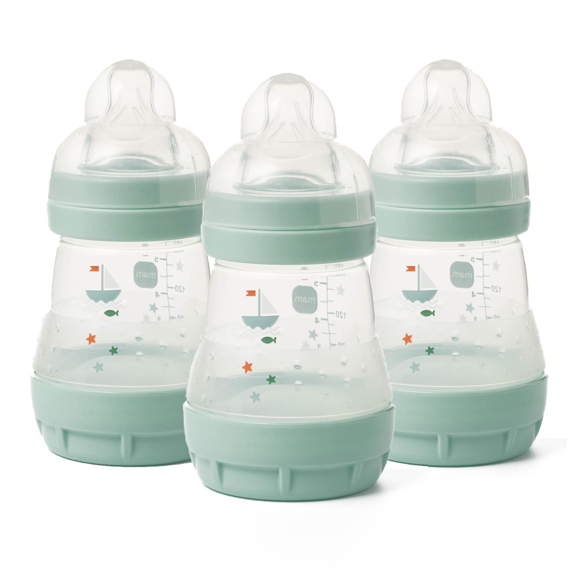 MAM Easy Start Anti-Colic Baby Bottles | 3 Pack (3 x 160ml) | Self-Sterilising Baby Milk Bottle | Slow Flow MAM Teats Size 1 | Newborn Essentials | Green Tea (Various Designs)