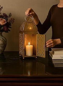 Serene Spaces Living Large Moroccan Gold Ornate Candle Lantern, Antique Gold Lantern, Decorative Candle Lantern Holders for Indian-Inspired Wedding, Eid, Ramadan, Events, 4.5" Dia & 12" Tall